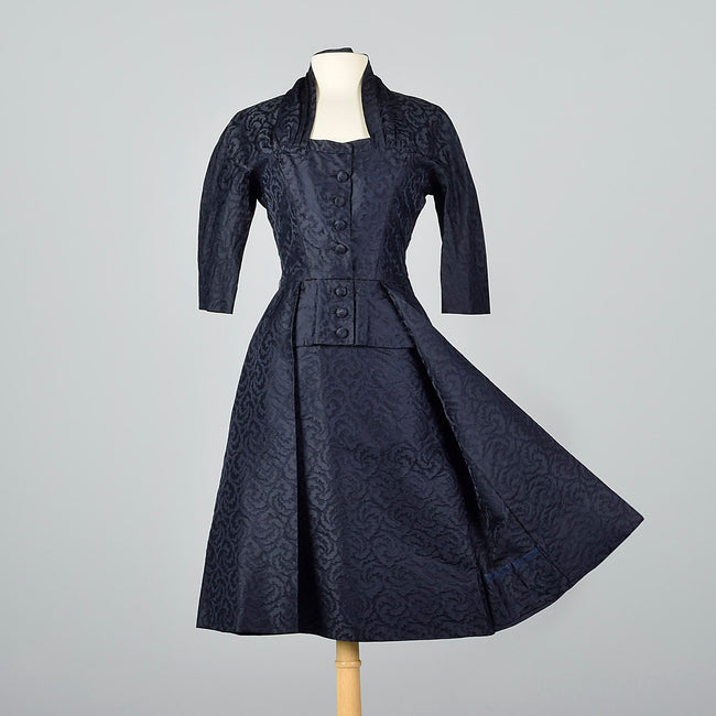 1950s Pierre Balmain Navy Blue Silk Damask Cocktail Dress