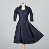 1950s Pierre Balmain Navy Blue Silk Damask Cocktail Dress