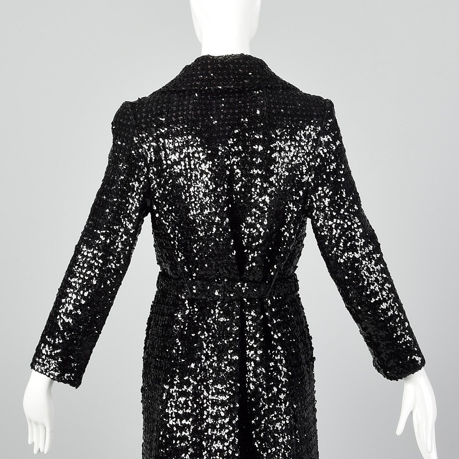 XS 1970s Black Sequin Trench Coat