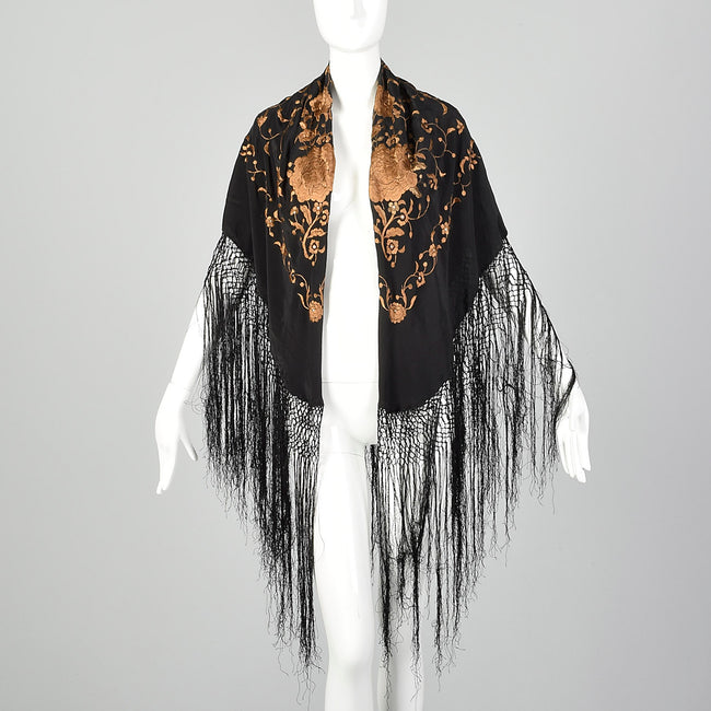 Black Silk Piano Shawl Brown Floral Embroidery Rhinestones with Fringe