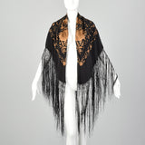 Black Silk Piano Shawl Brown Floral Embroidery Rhinestones with Fringe