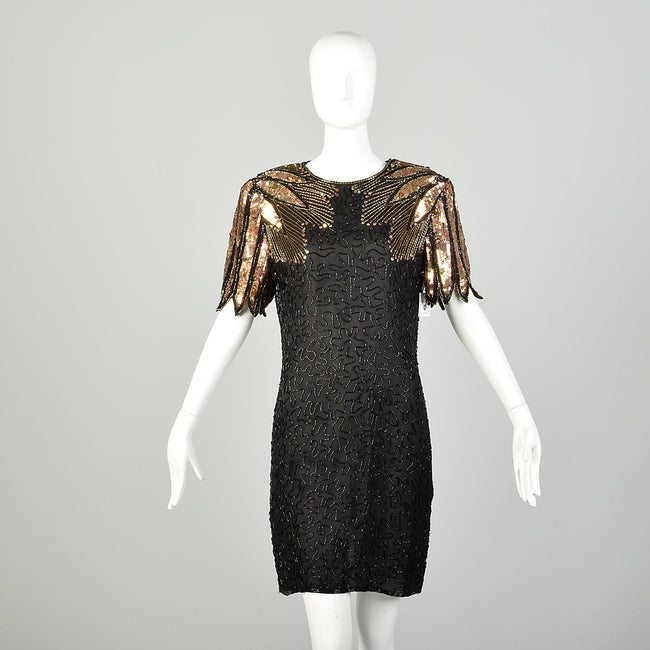 Medium 1990s Gold Black Cocktail Dress Keyhole Back Sequin Beaded Evening Party Chemise