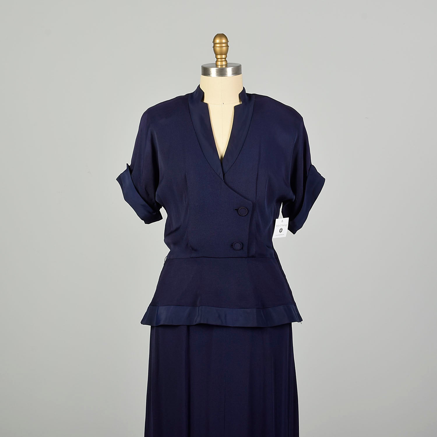 Large 1940s Dress Navy Blue Rayon Peplum Low Cut 'V' Neckline