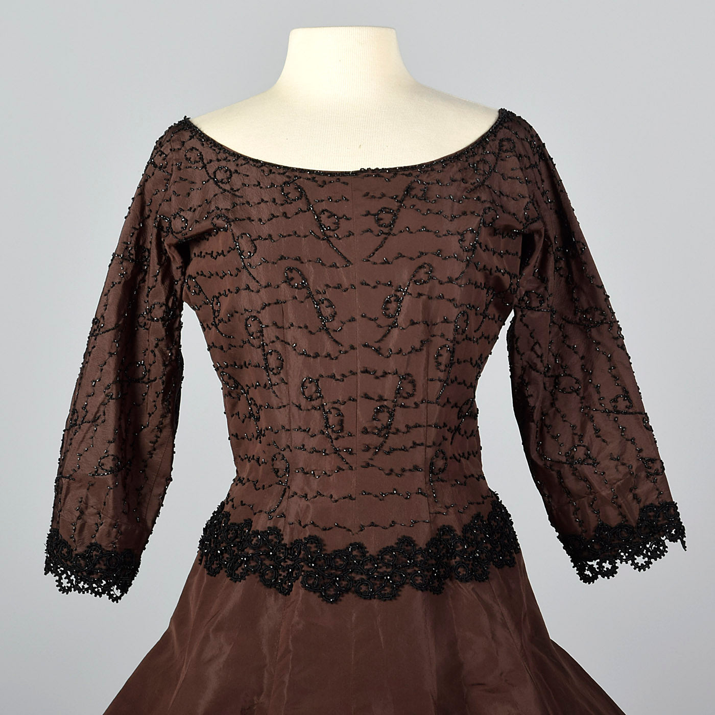 1950s Brown Taffeta Dress with Black Beading