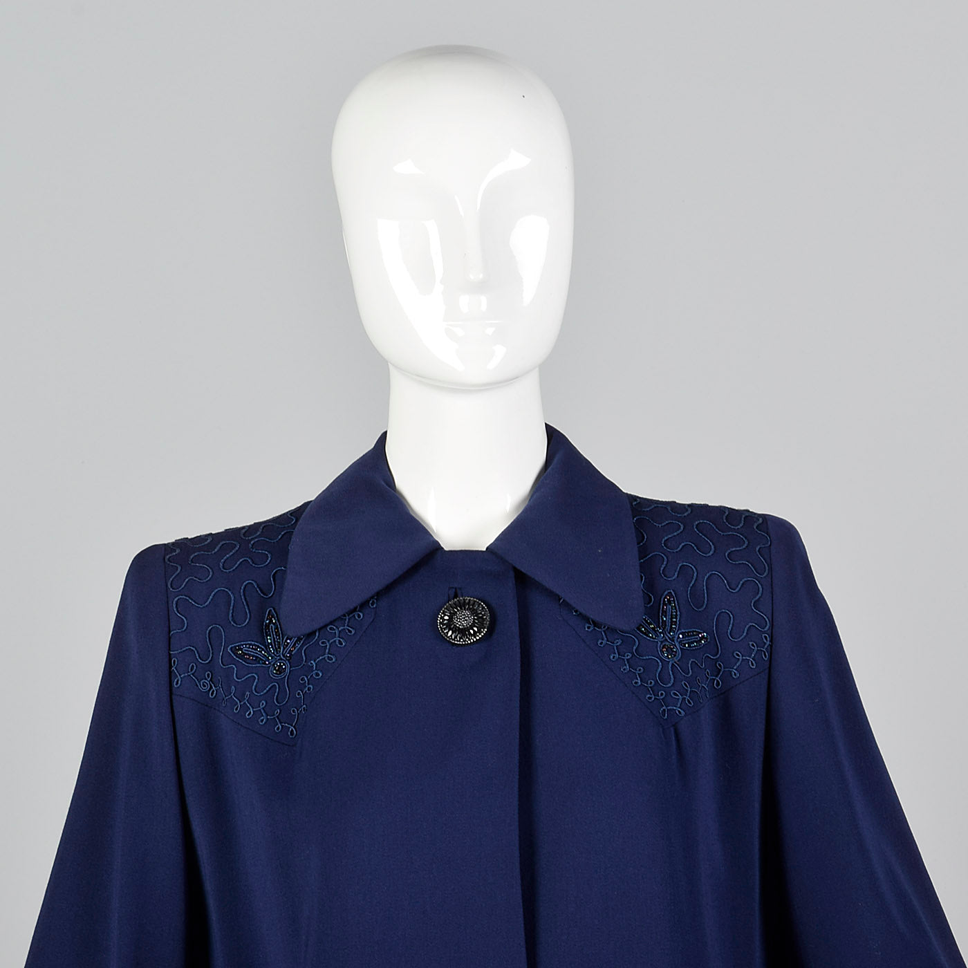 1940s Navy Blue Gabardine Swing Coat with Beading