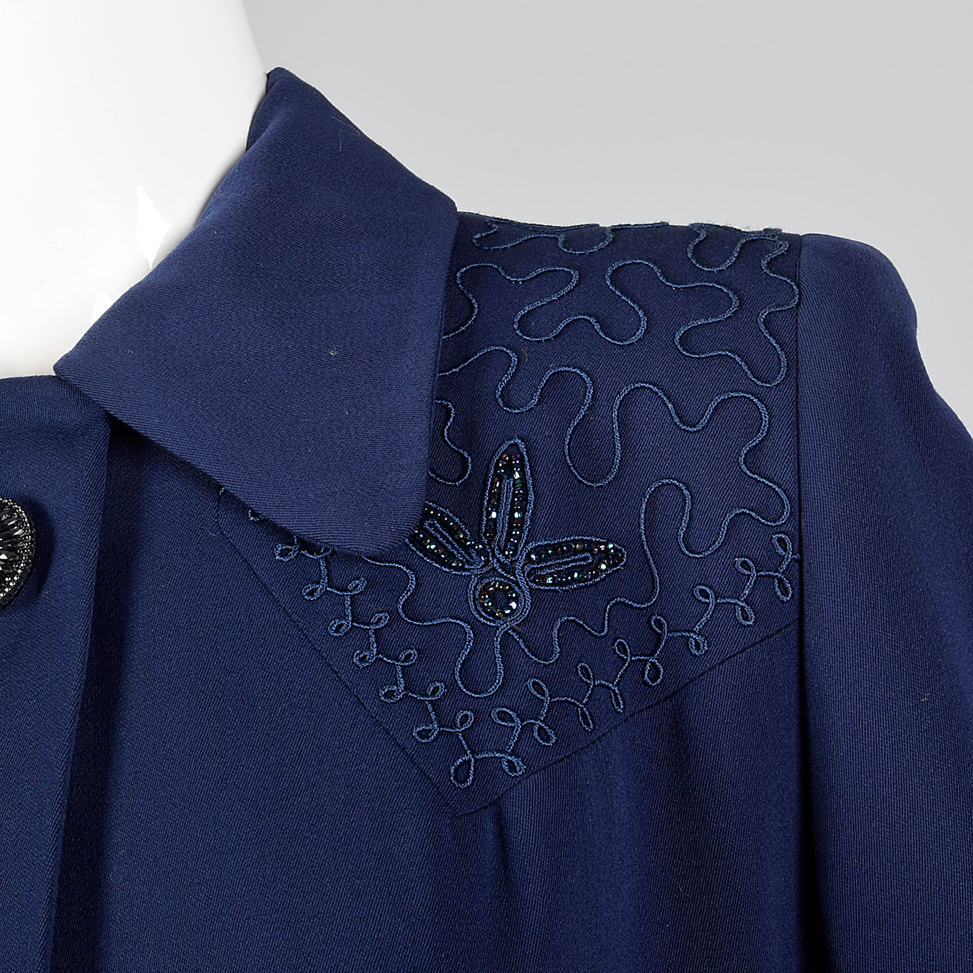 1940s Navy Blue Gabardine Swing Coat with Beading