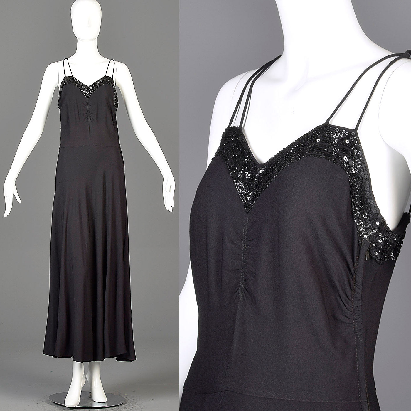 1930s Black Evening Gown with Sequined Bust Style & Salvage 1930s Black Evening Gown with Sequined Bust Style & Salvage