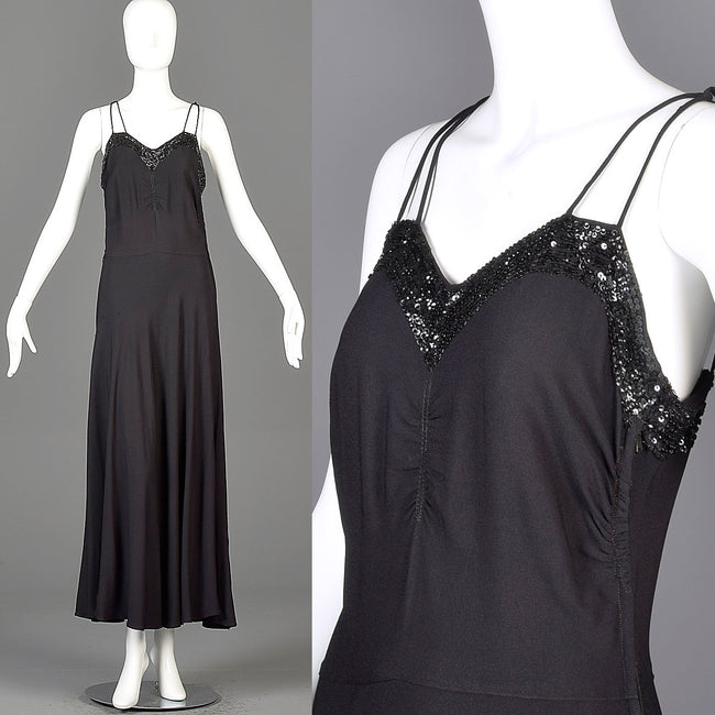 1930s Black Evening Gown with Sequined Bust