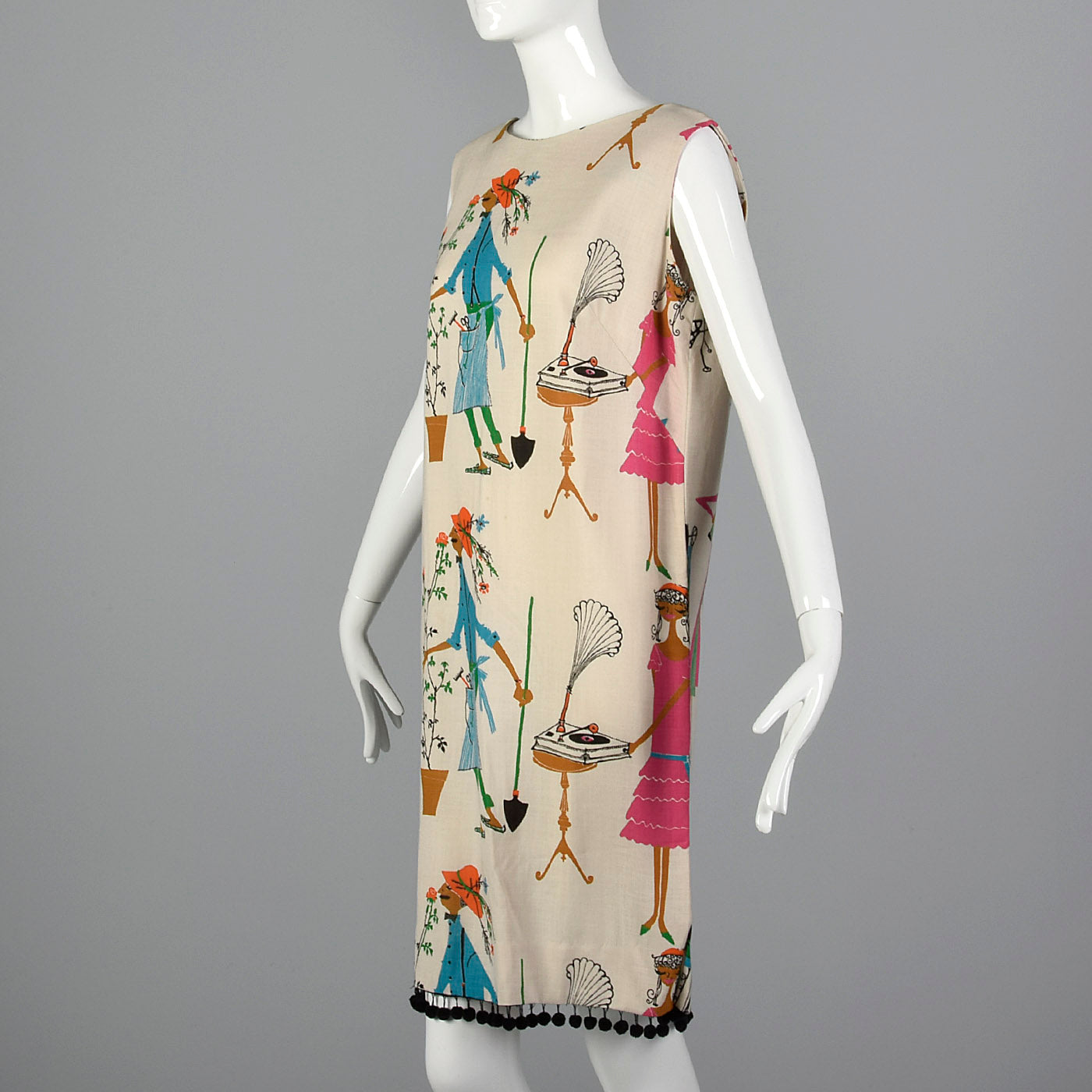1960s Deadstock Novelty Print Shift Dress with Pom Pom Hem