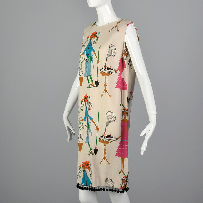 1960s Deadstock Novelty Print Shift Dress with Pom Pom Hem