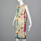 1960s Deadstock Novelty Print Shift Dress with Pom Pom Hem