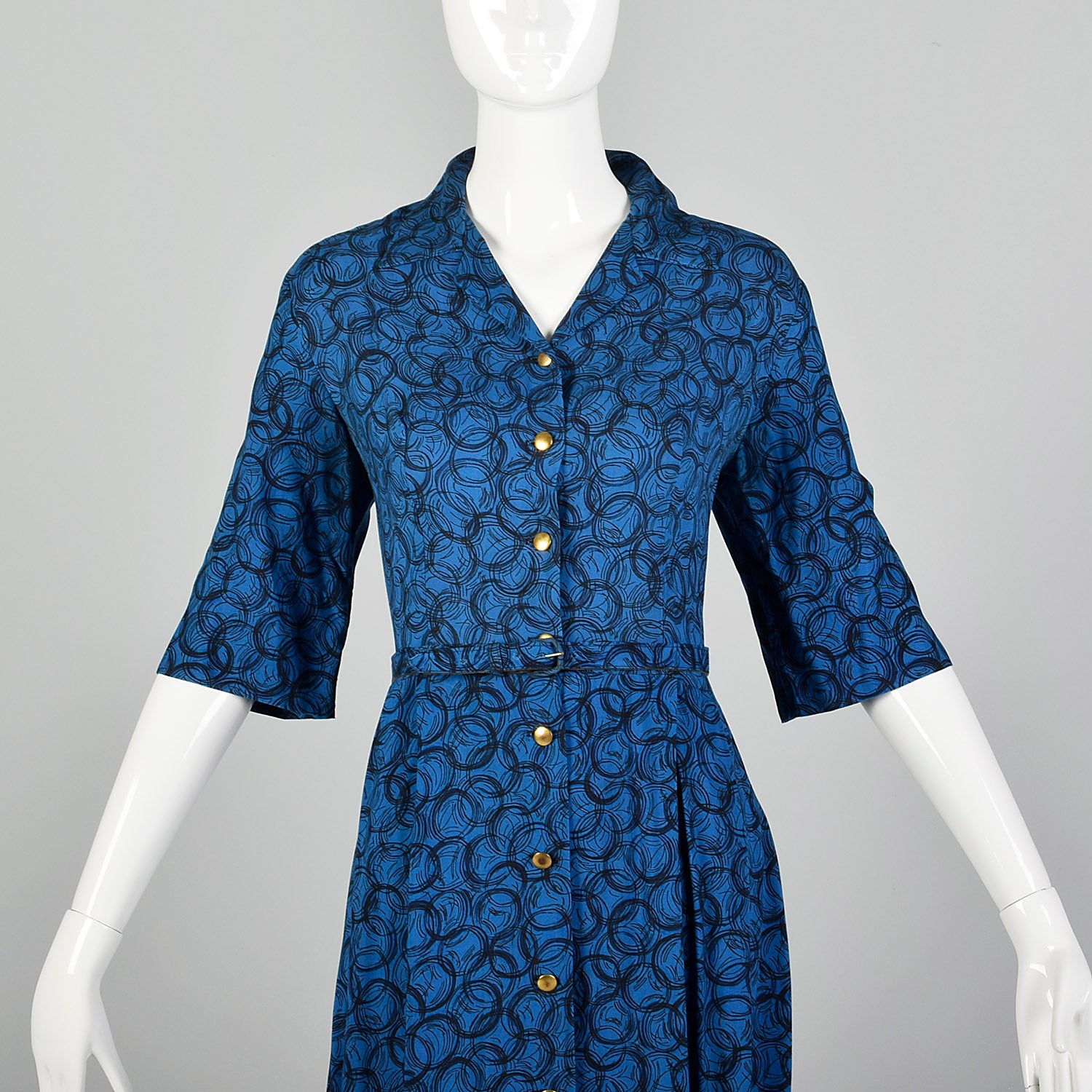 Large 1950s Blue Geometric Print Day Dress