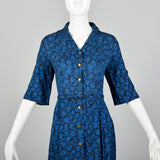 Large 1950s Blue Geometric Print Day Dress