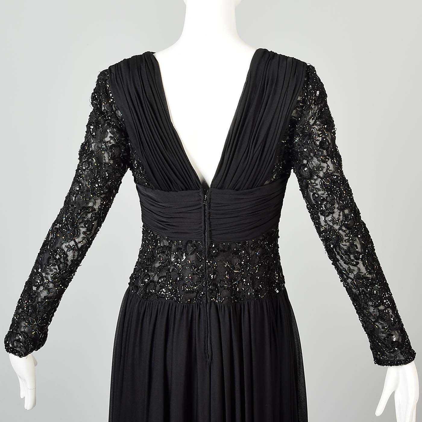 1970s Victoria Royal Black Beaded Illusion Dress