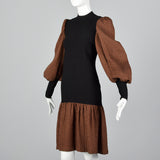 1980s Adolfo Black Knit Dress with Bishop Sleeves