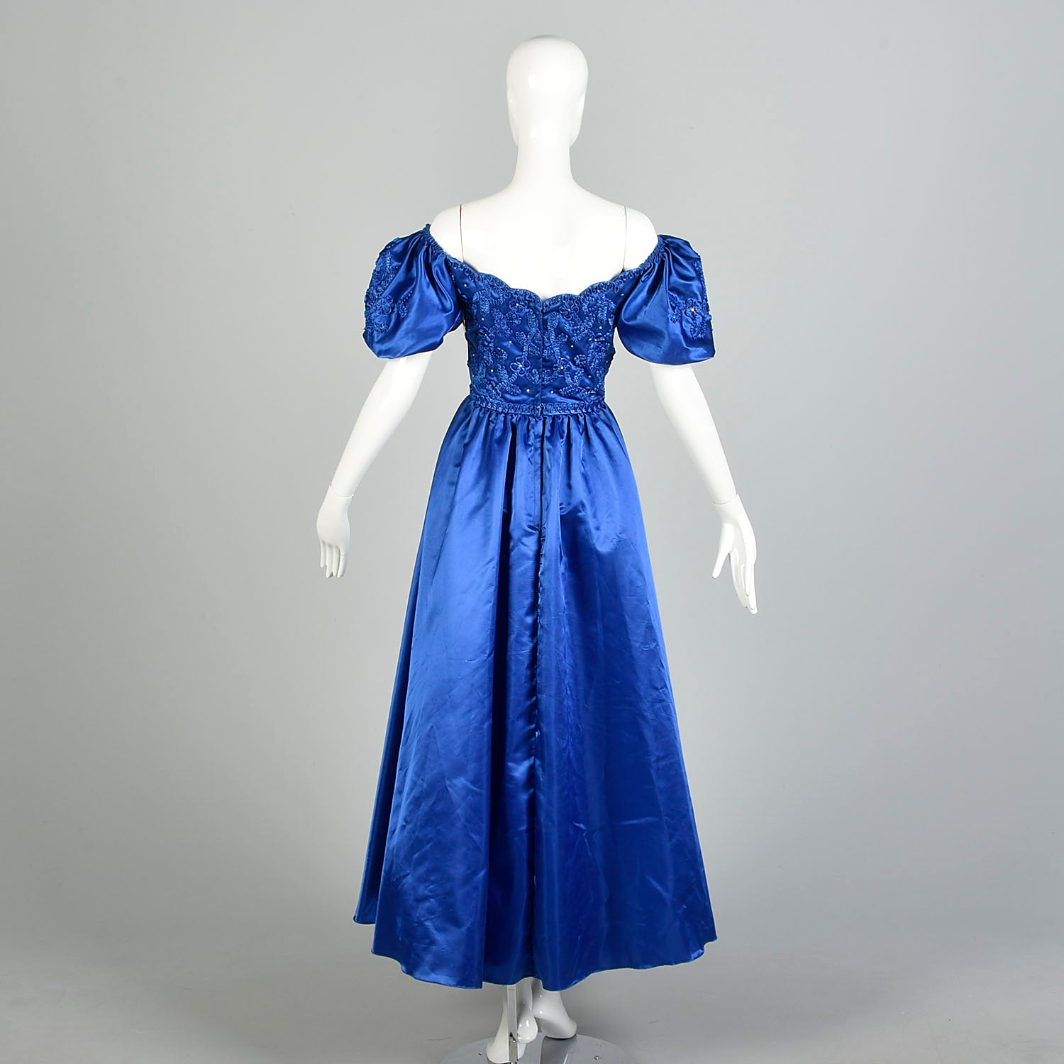 Large 1980s Mike Benet Formals Blue Ribbon Puff Sleeve Prom Dress