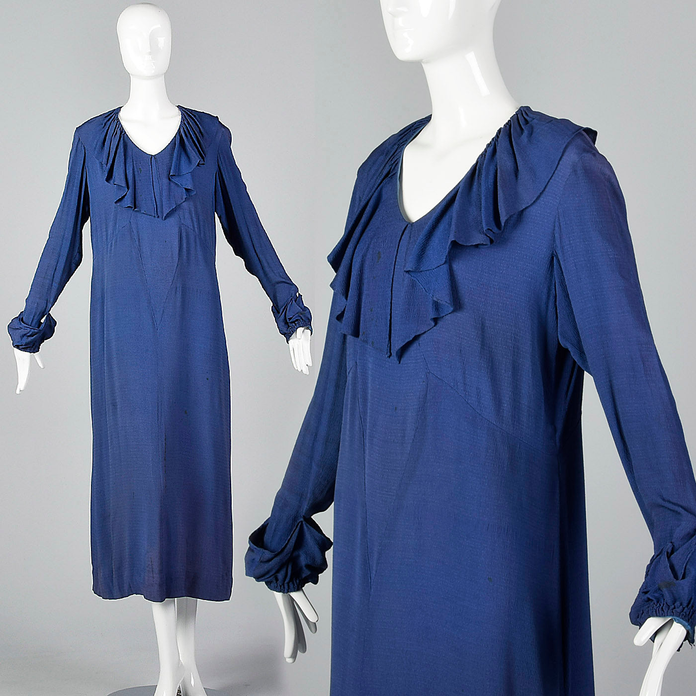 1930s Blue Dress with Ruffle Neckline