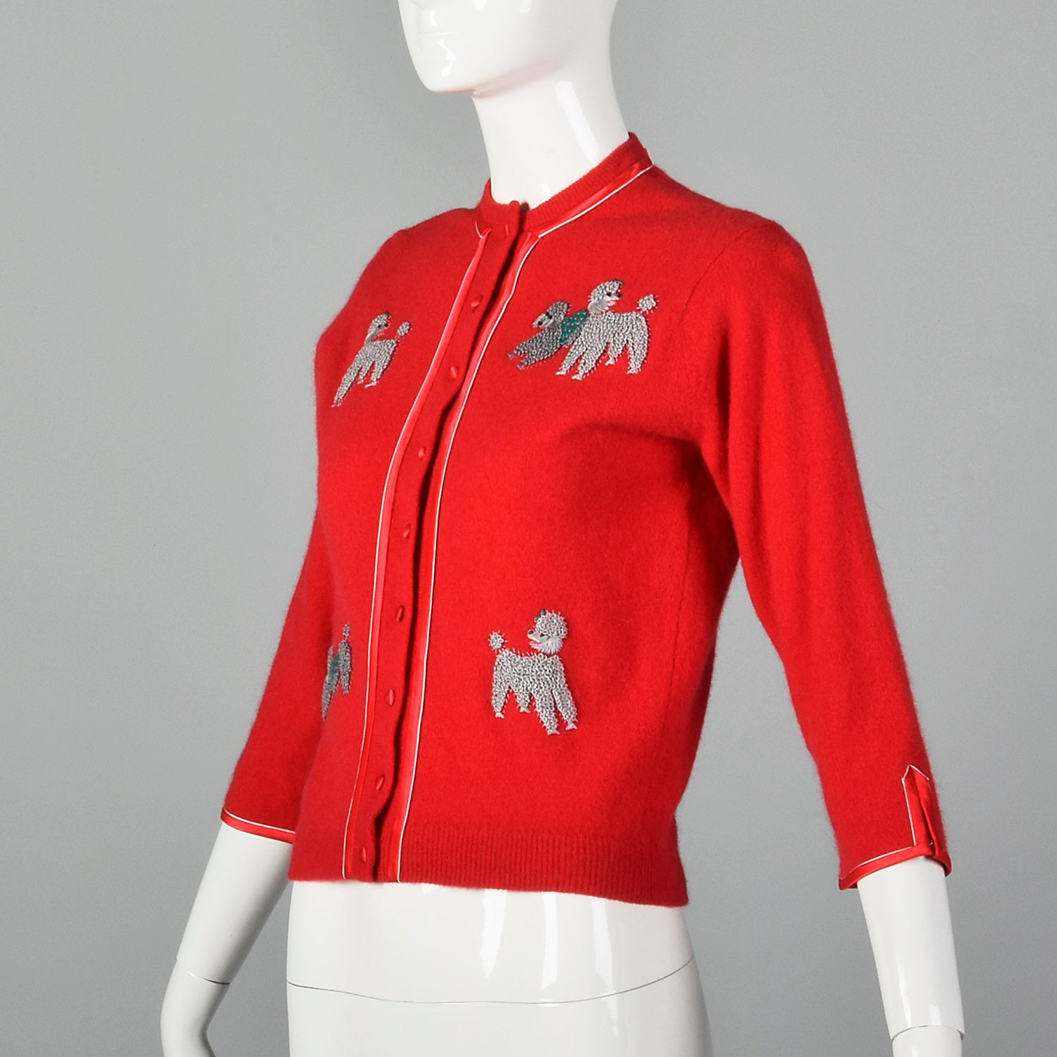 1950s Novelty Poodle Cardigan Sweater Lipstick Red with Satin Trim