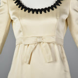 1960s Mollie Parnis White Satin Dress with Black Trim