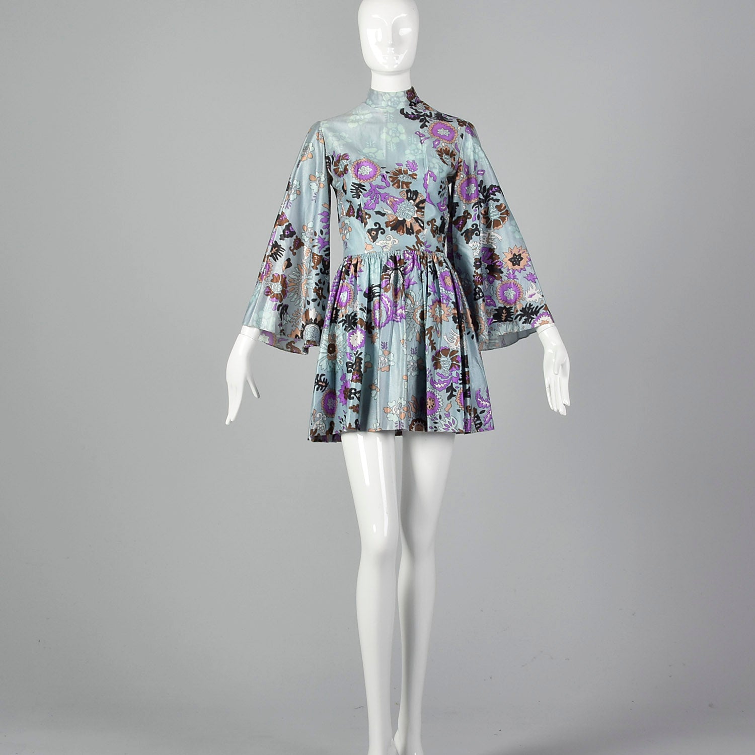 XXS 1960s Floral Mini Dress with Bell Sleeves