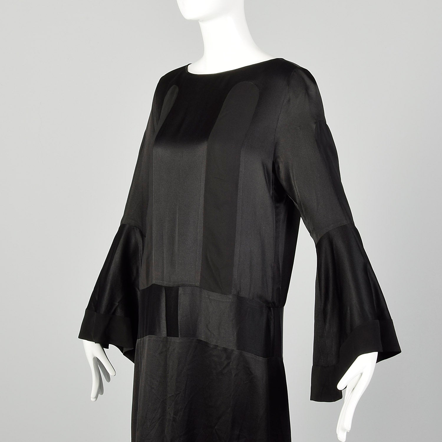 Large 1920s Silk Dress Black on Black Art Deco Trumpet Bell Sleeve Evening Gown