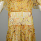 XL 1930s Sheer Silk Dress Floral Print Orange Yellow Volup Flowy Elegant Gown