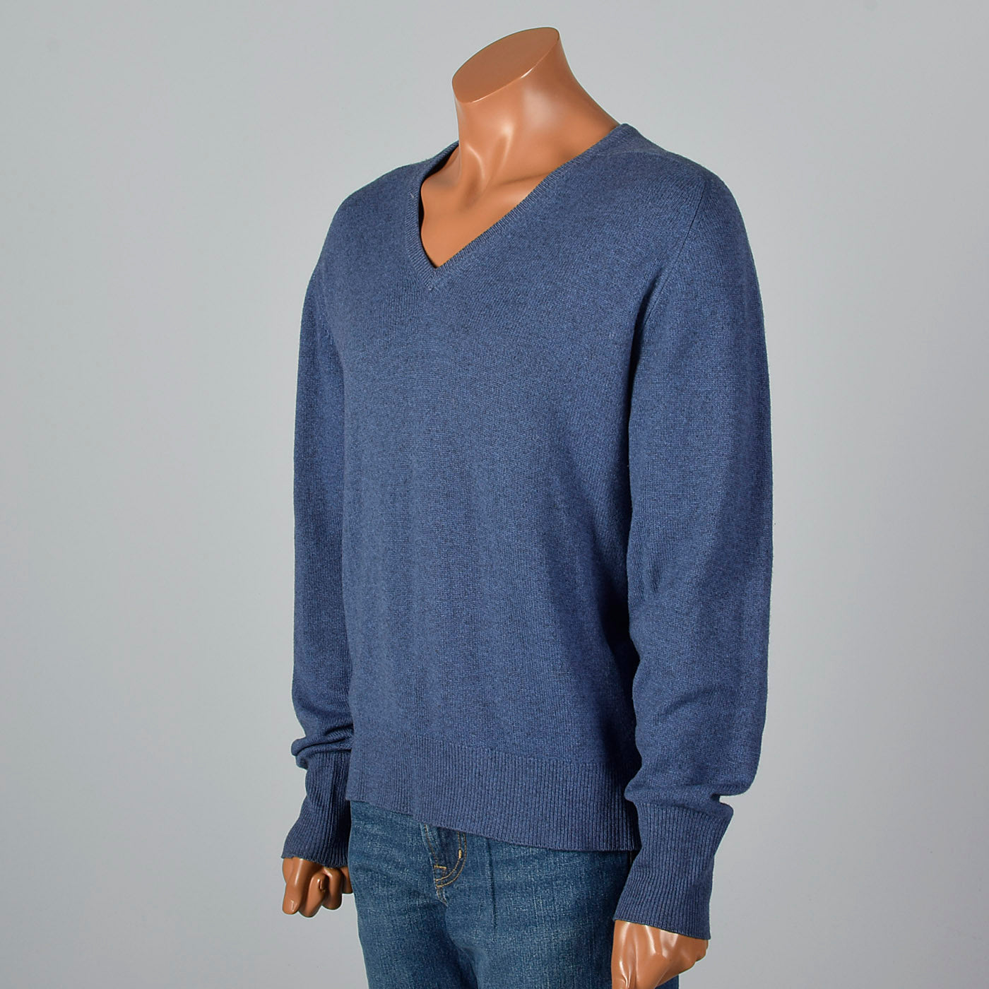 1970s Mens Blue Cashmere Sweater with V Neck