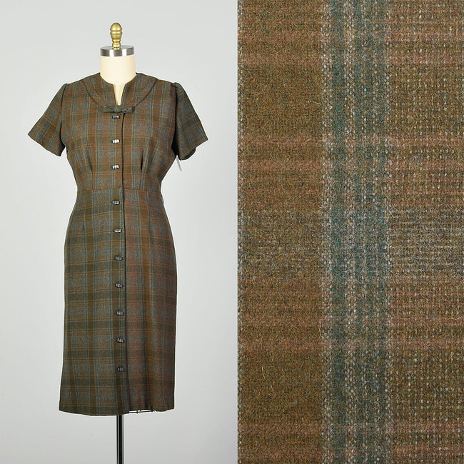 XL-XXL 1950s Wool Button-up Dress Green and Brown Plaid Button-up