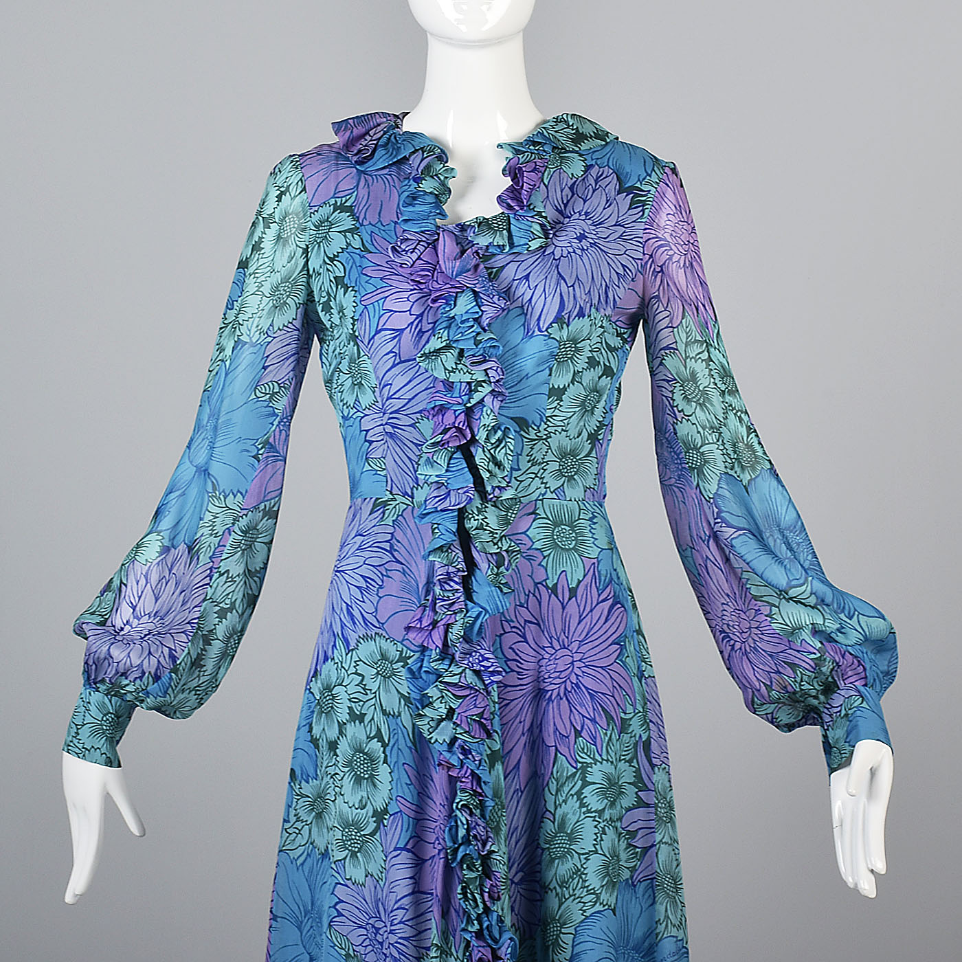 1960s La Mendola Silk Maxi Dress in a Blue Floral Signature Print