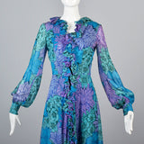 1960s La Mendola Silk Maxi Dress in a Blue Floral Signature Print
