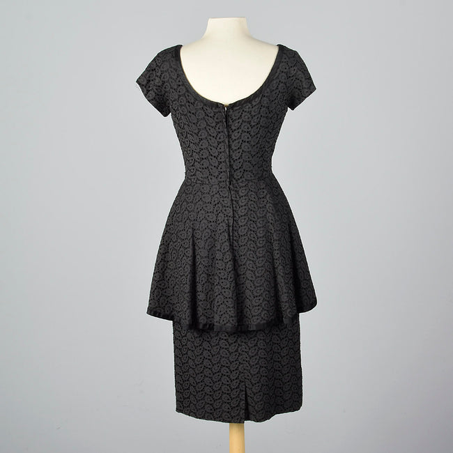 1950s Eyelet Overlay Dress with Large Peplum Waist