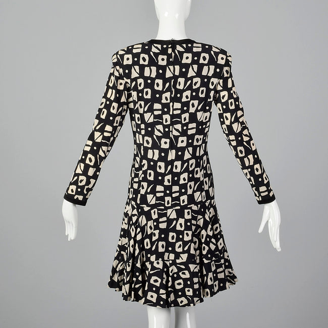 1980s Louis Feraud Black Print Dress with Drop Waist
