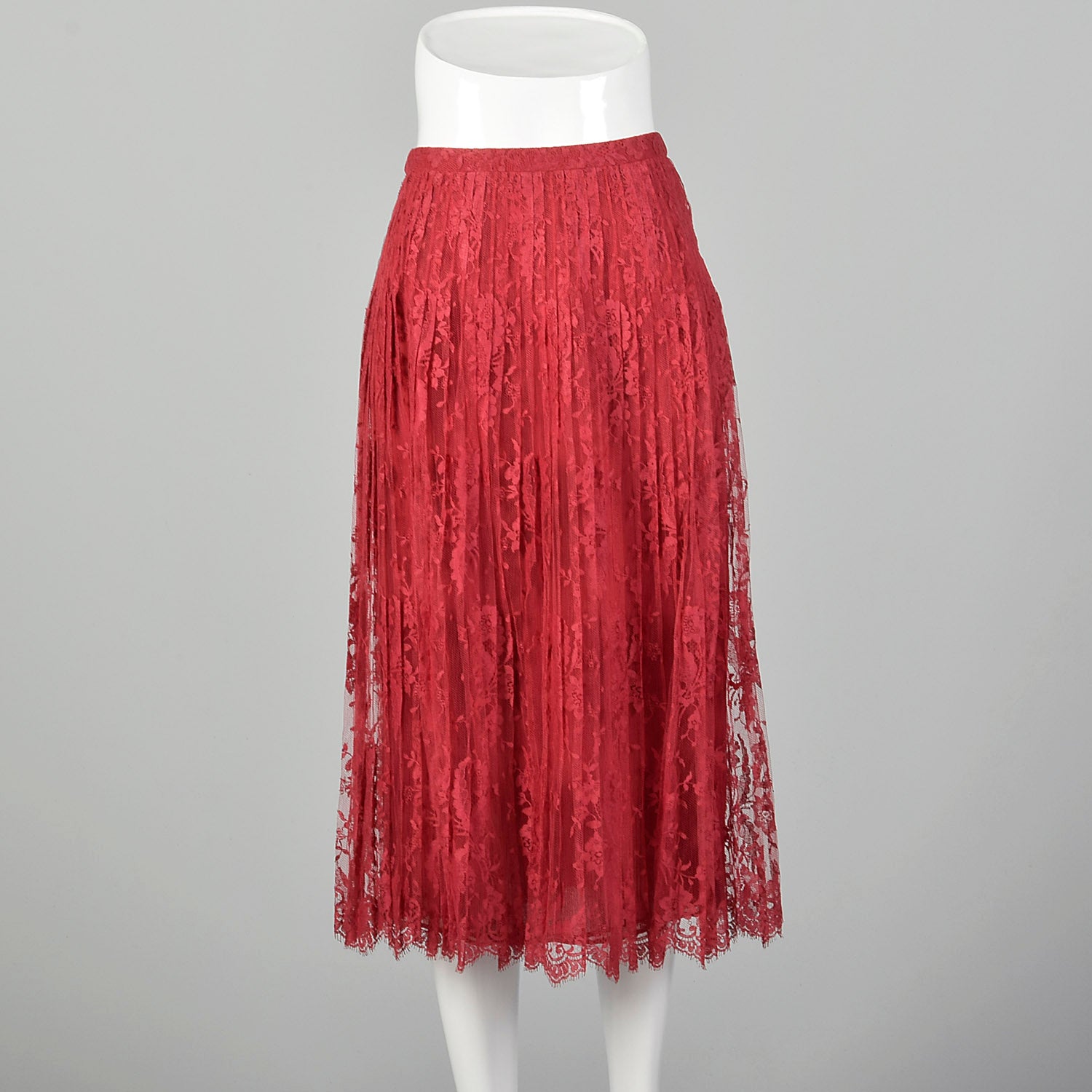 Small 1970s André Laug for Audrey Red Lace Pleated Skirt