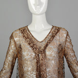1930s XS Brown Lace Long Sleeve Drop Waist Velvet Trim Dress