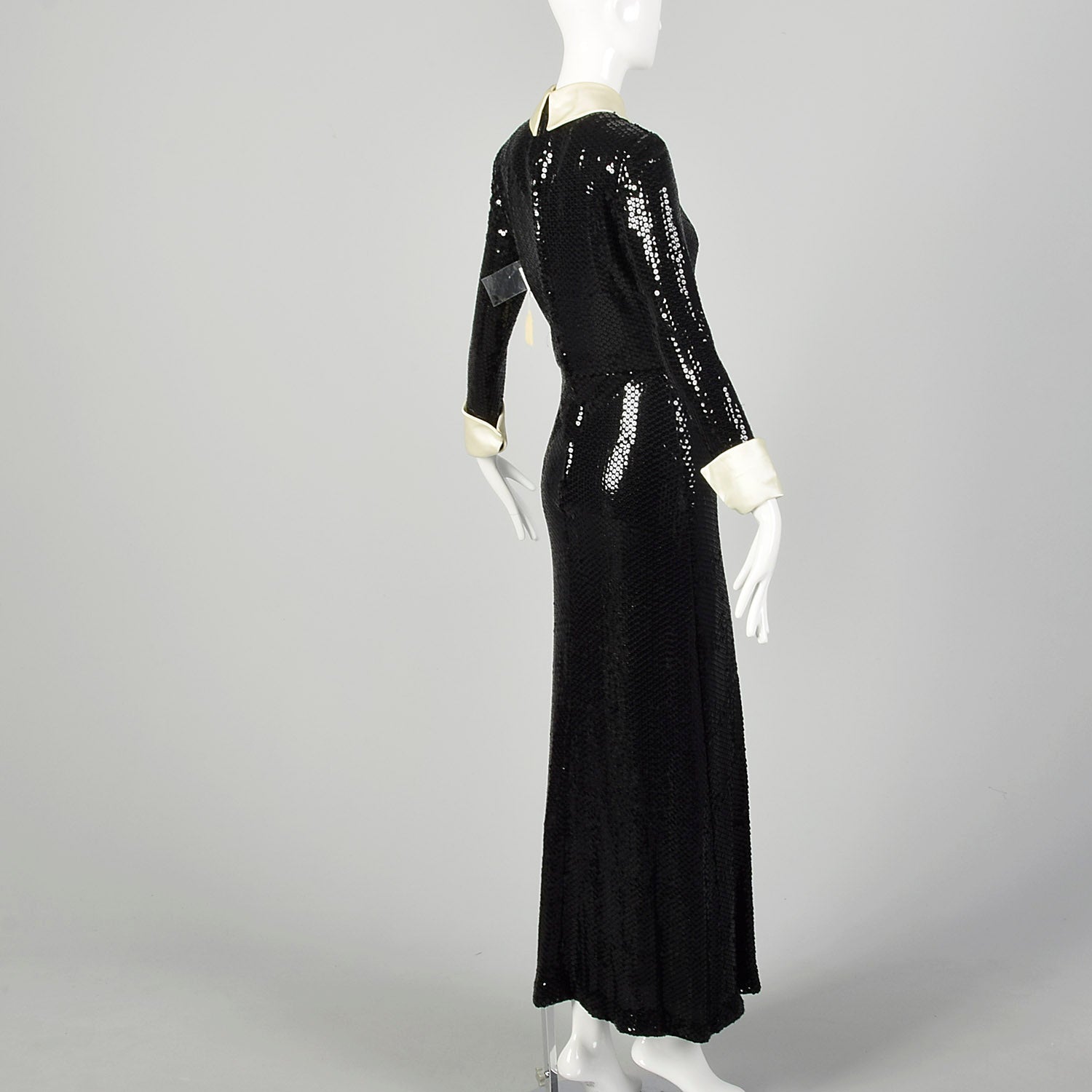 Small 1970s Kiki Hart Dress Disco Black Sequin Maxi Long Sleeve Evening Gown