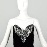 Large 1990s Oleg Cassini Black Tie Dress Velvet Beaded Strapless Cocktail Mini
