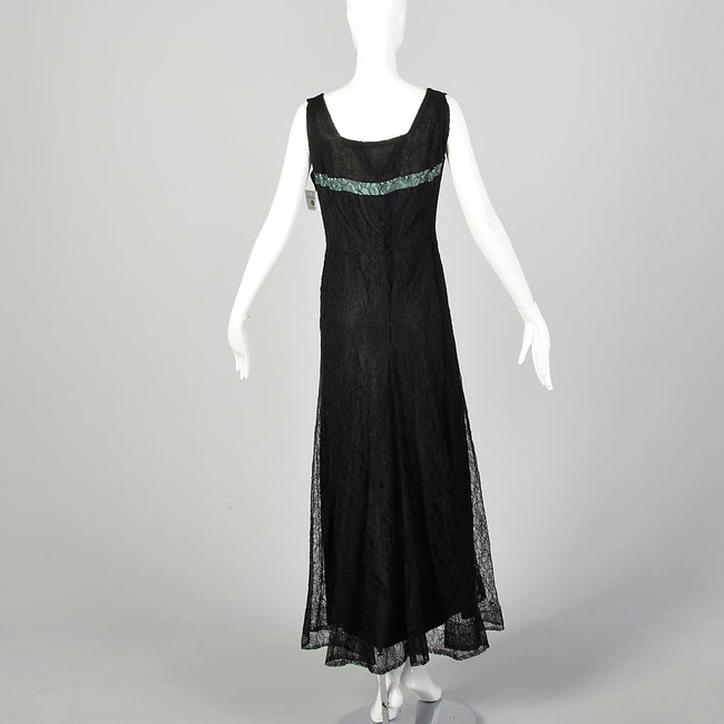 XL 1930s Dress Black Vintage Lace Maxi Sleeveless