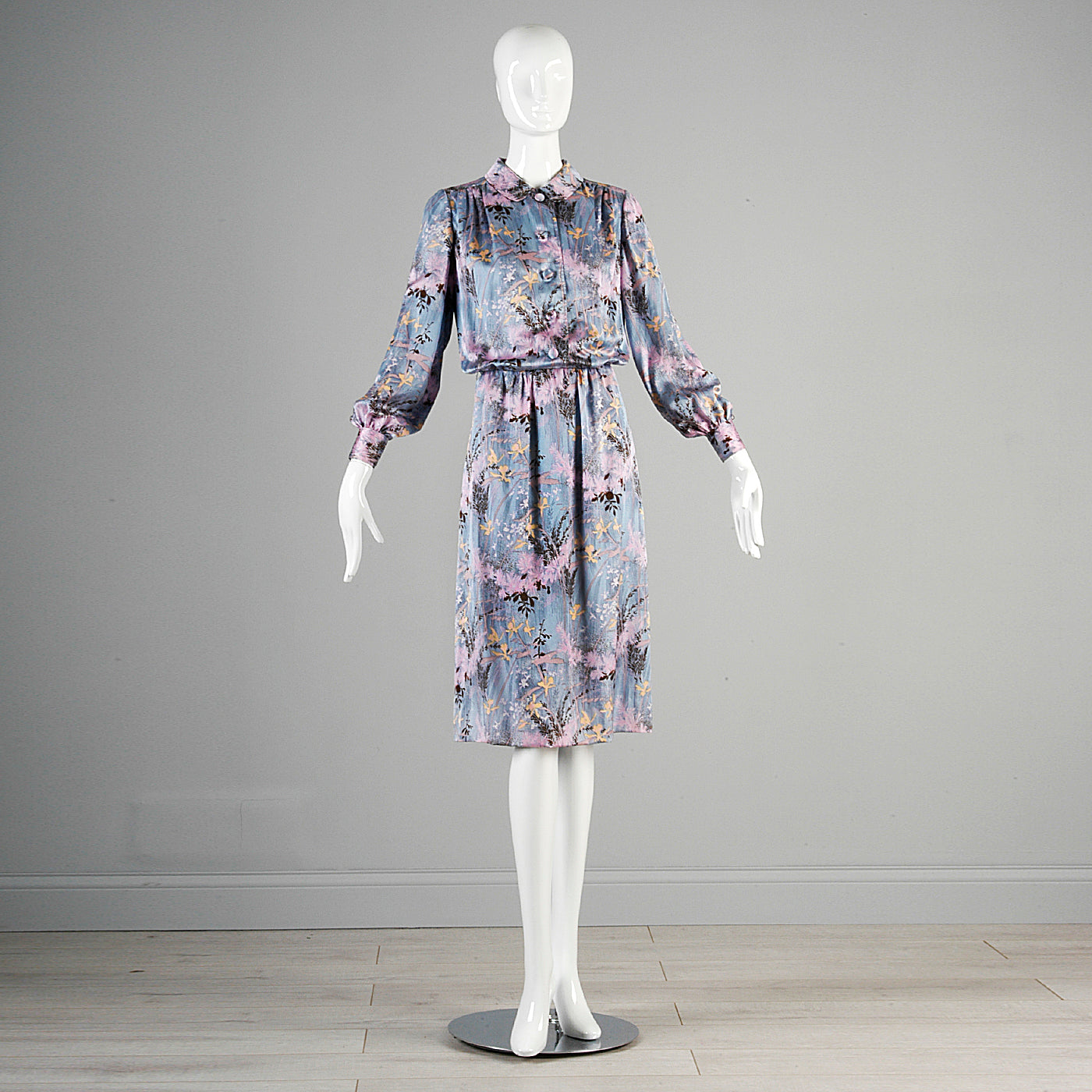 1940s Silk Periwinkle Blue Dress with Floral Print