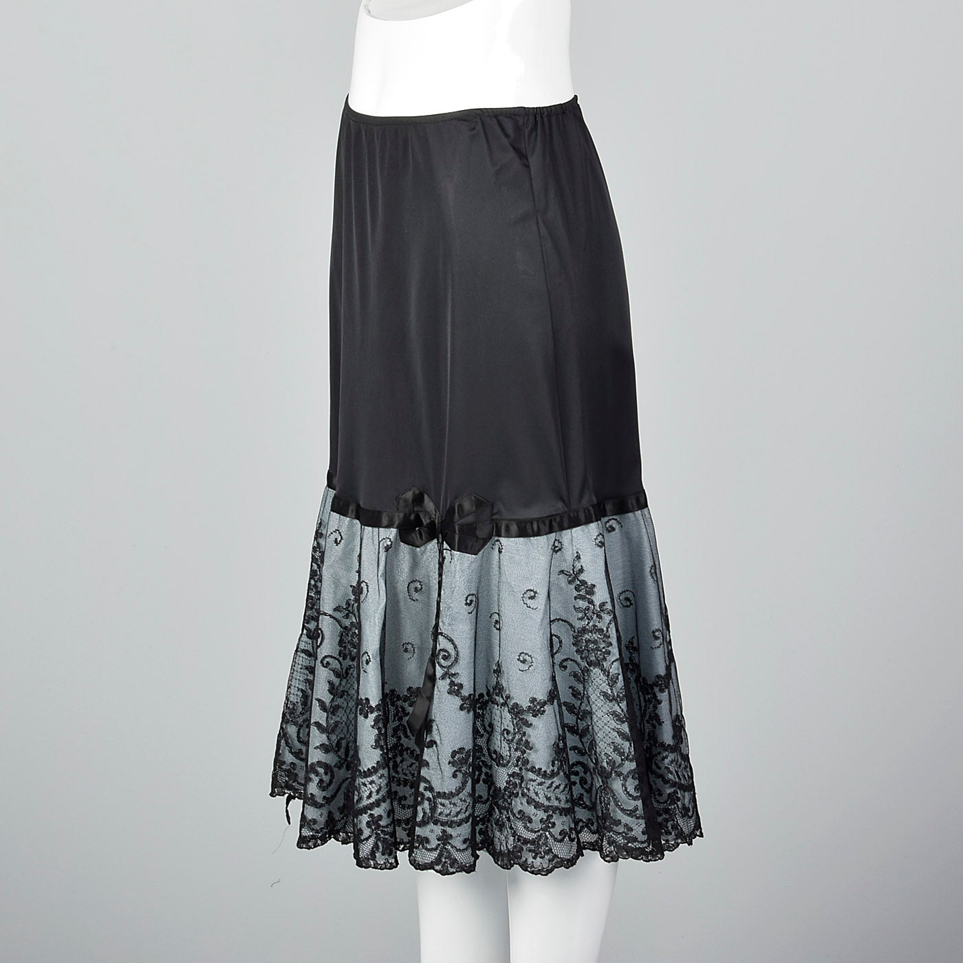 1950s Black Half Slip with Pale Blue Taffeta and Sheer Black Lace Hem