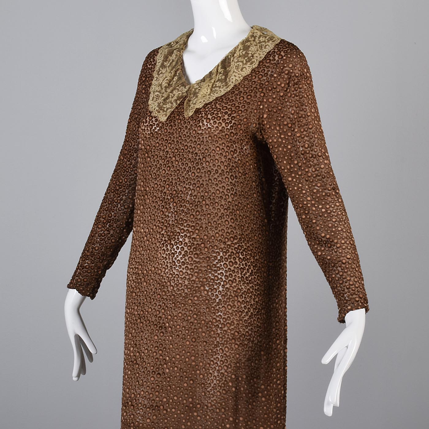 1920s Brown Silk Dress with Lace Trim