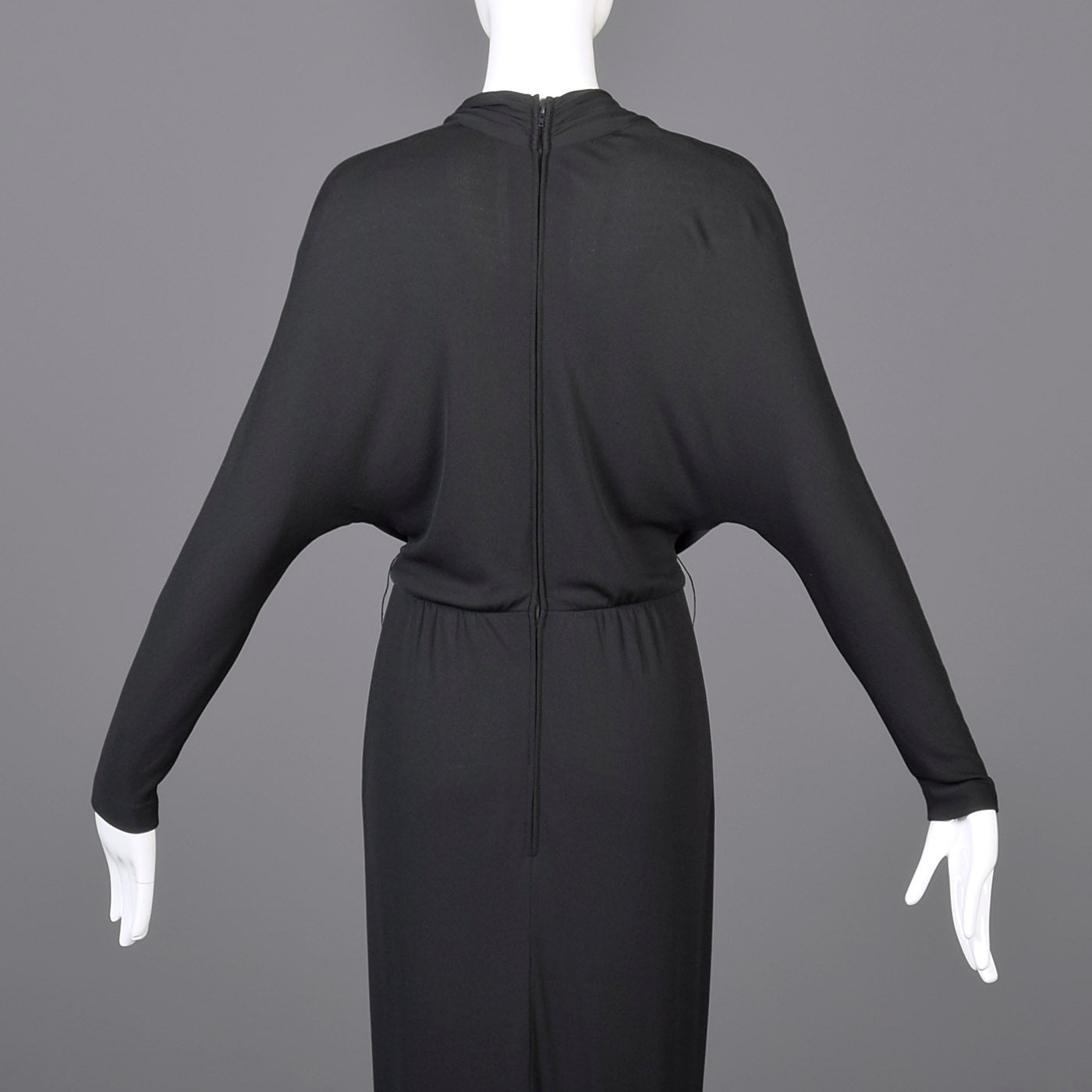Extraordinary 1970s Bill Tice for Malcolm Starr Black Evening Gown with Plunging Neckline
