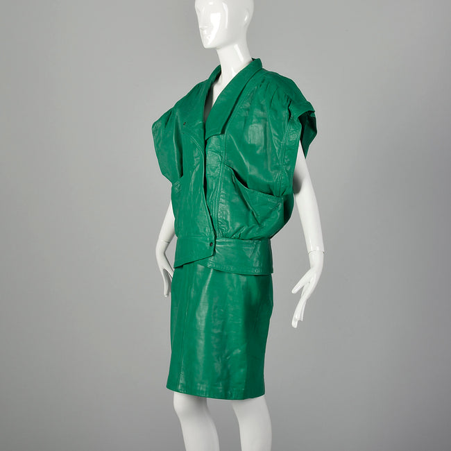 Medium Michael Hoban for North Beach Leather 1980s Green Leather Skirt Set