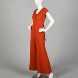 Small 1970s Wide Leg Orange Ribbed Knit Jumpsuit Sexy Tieback Waist