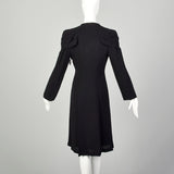 XS 1930s Coat Black Rayon Crepe Long Sleeve Art Deco Pleated Epaulettes