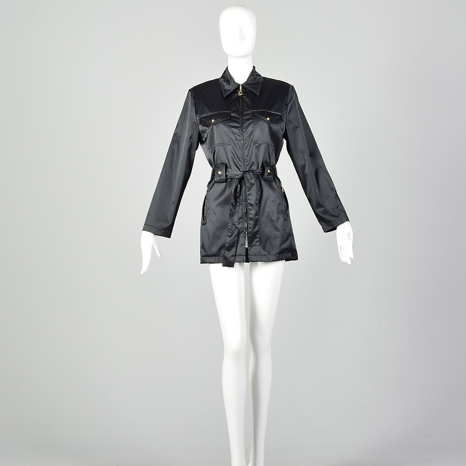 Small St John Sport Black Satin Mini Trench Coat