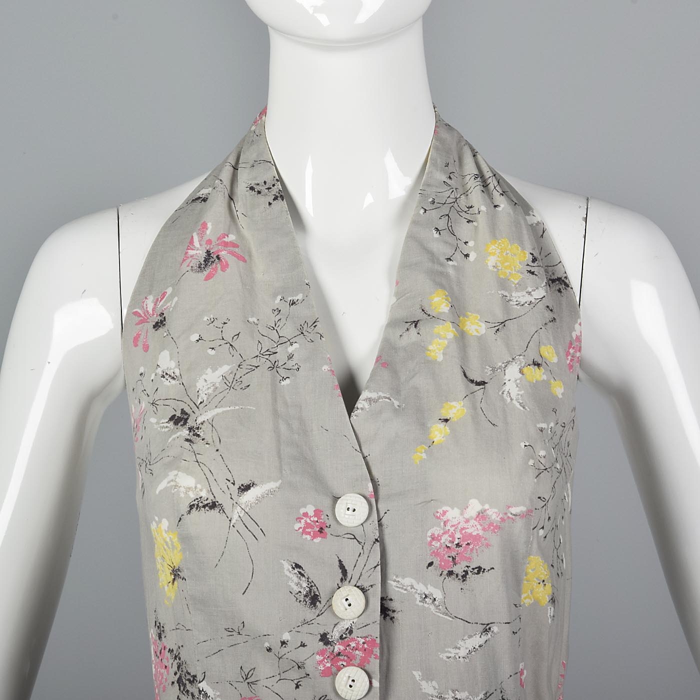 1950s Gray Floral Print Halter Dress with Full Circle Skirt