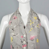 1950s Gray Floral Print Halter Dress with Full Circle Skirt