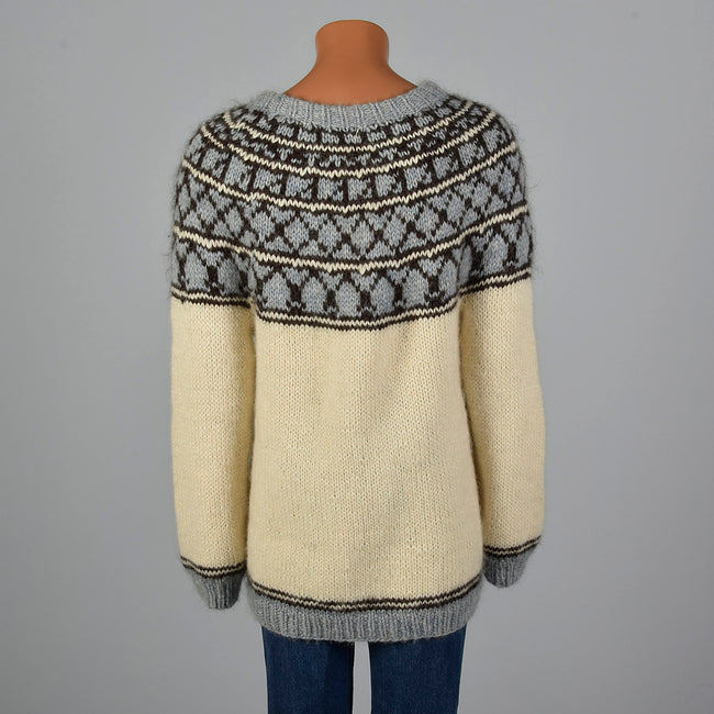 1960s Mens Cream Sweater with Gray, Blue, and Black Knit