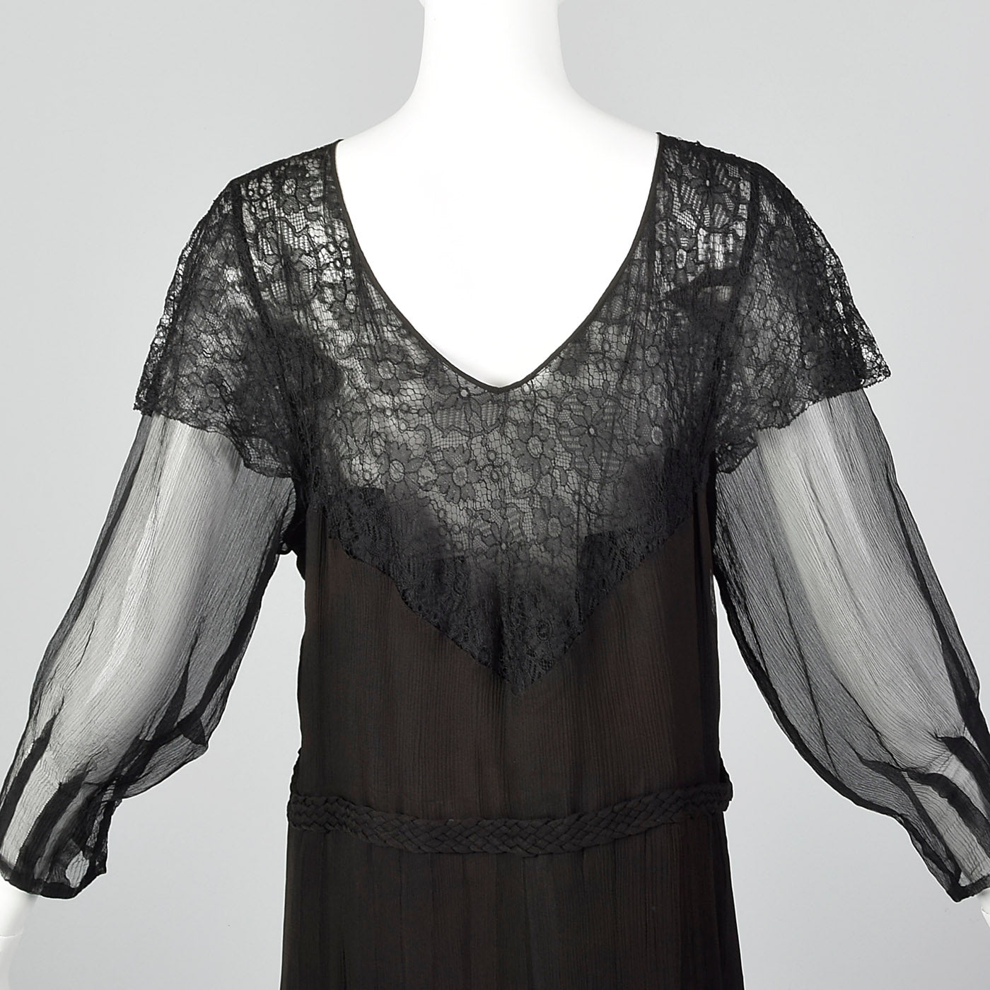 1930s Black Silk Dress with Sheer Lace Bust Panel