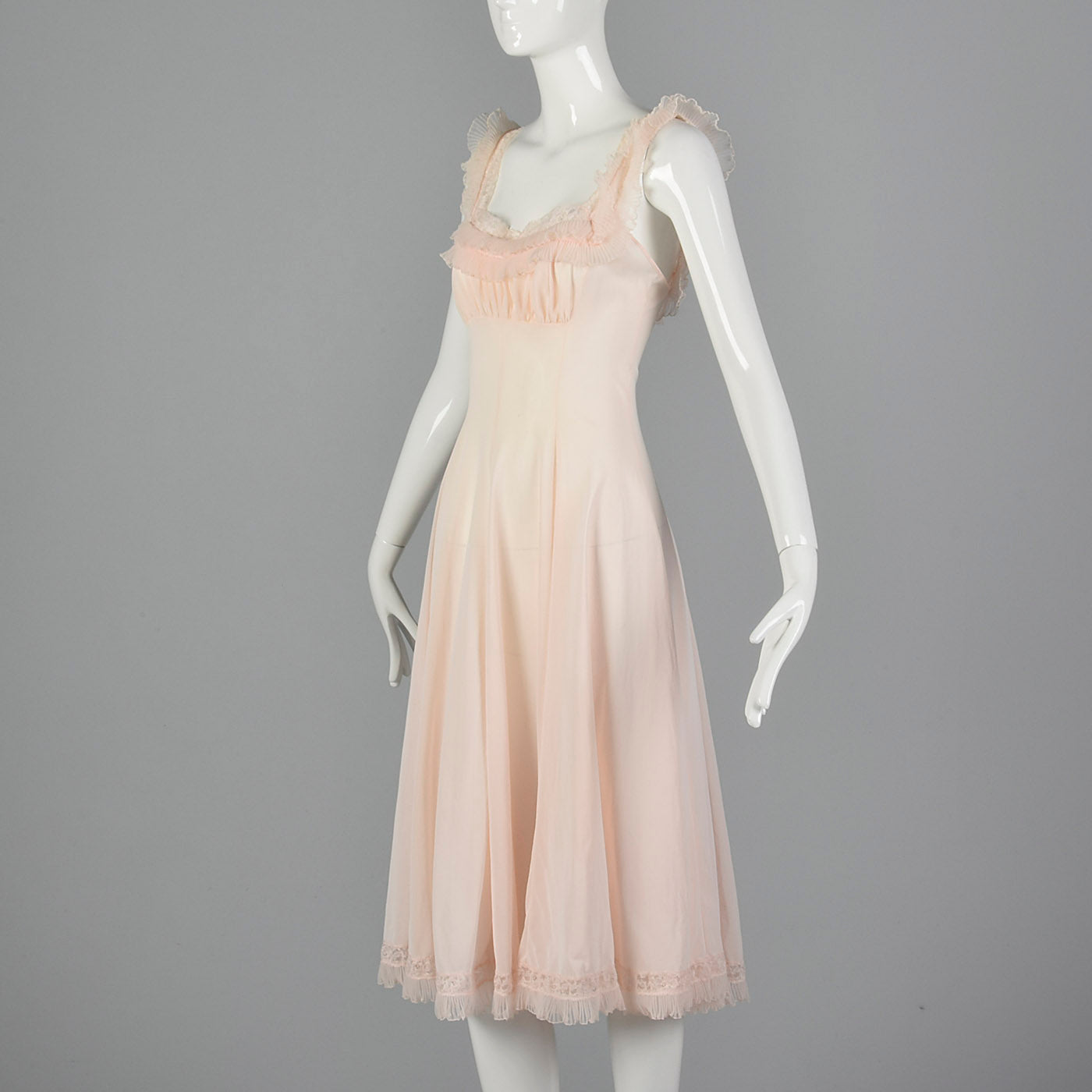 1950s Pink Nylon Nightgown with Ruffle Trim